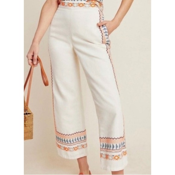 Anthropologie Islander Wide Leg Crop Pants Womens Embroidered Bohemian Size 4 - Picture 1 of 11